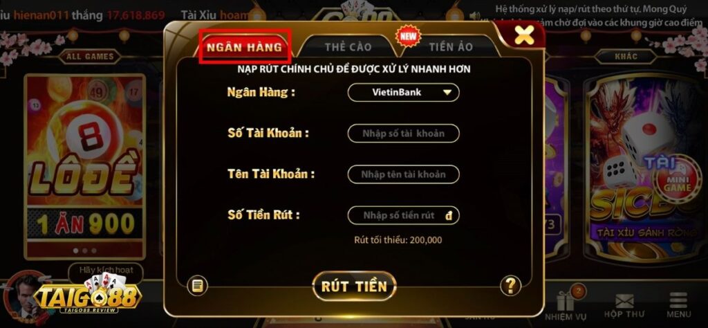 Rút tiền Go88 qua ngân hàng