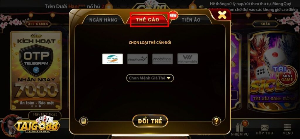 Rút tiền Go88 qua thẻ cào